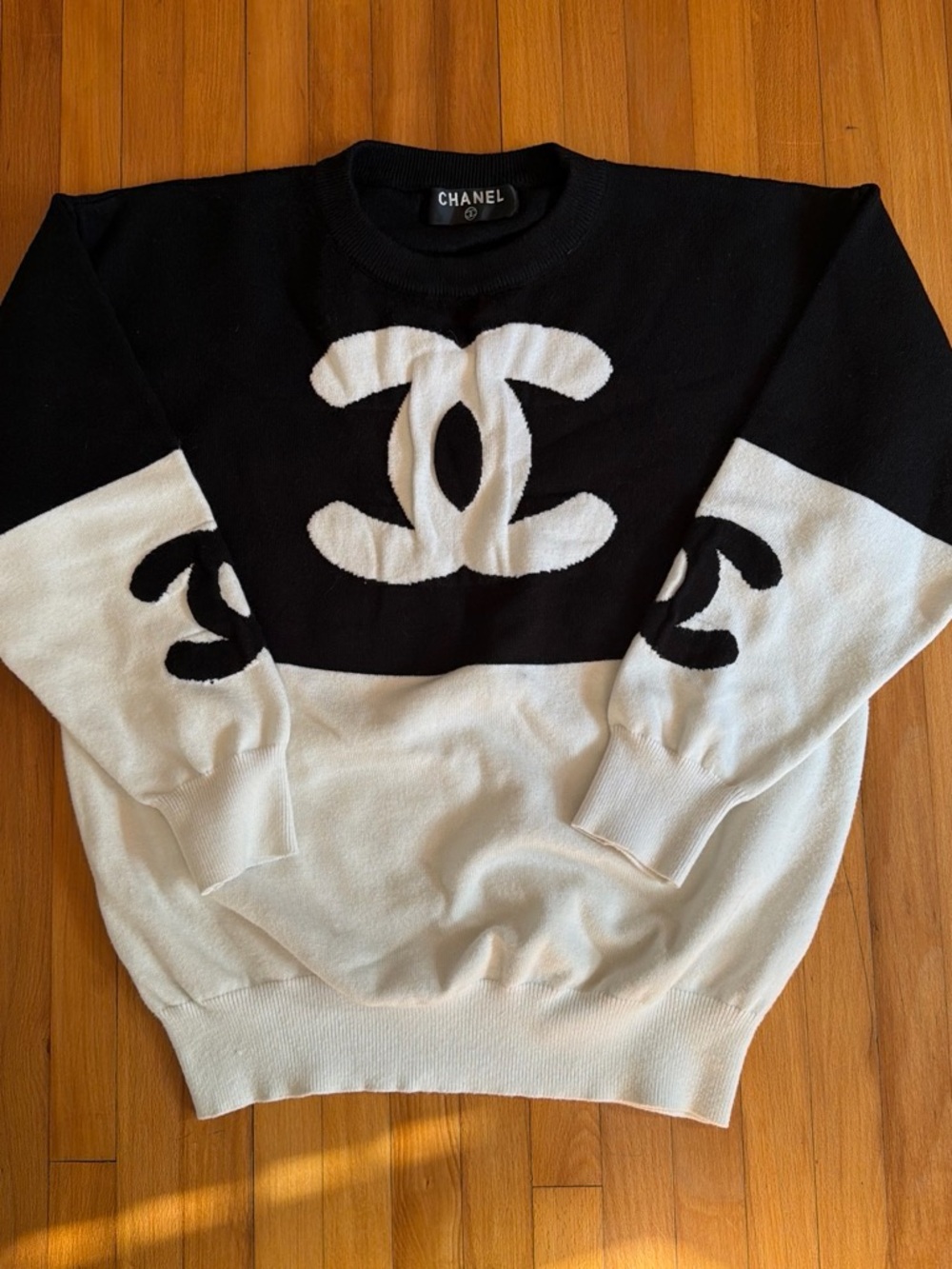 CHANEL Black and White Logo Colorblock Crewneck Sweater